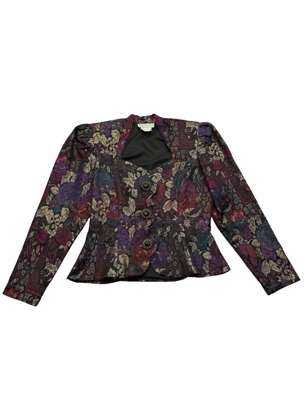 Vintage 80's Galleria Dress Jacquard Peplum Jacket Floral Black Size 9/10 | M